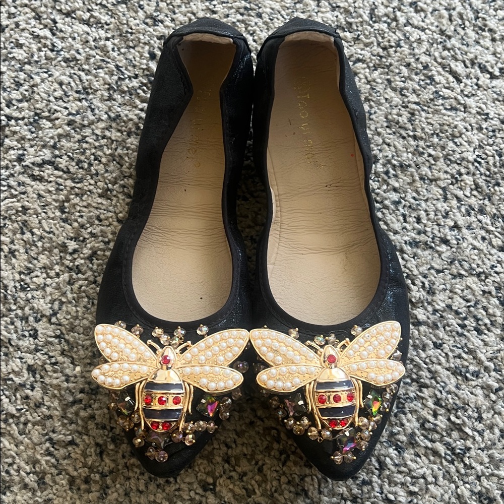 Jeweled Bee Ballet Flats Black Pearl Crystal Embellished Luxury Shoes